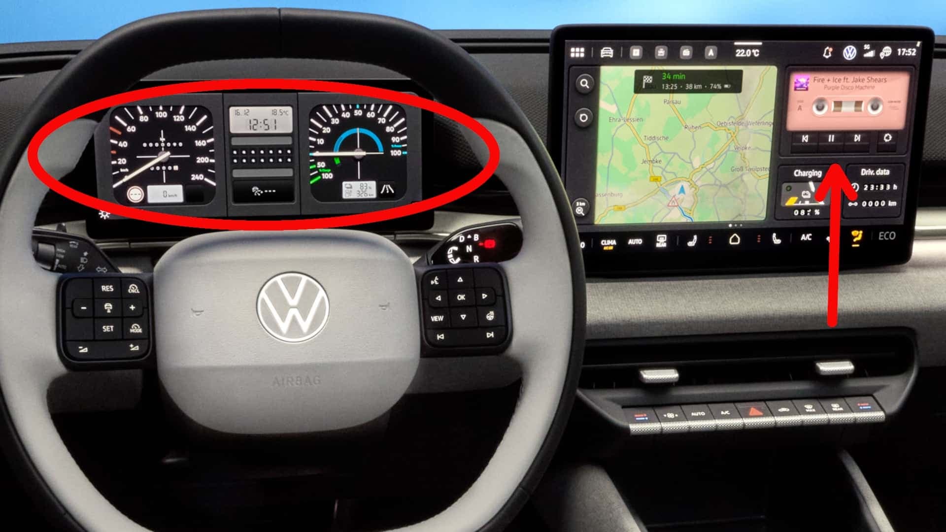 Das Cockpit des VW ID. Polo mit Retro-Elementen Das Cockpit des VW ID. Polo mit Retro-Elementen