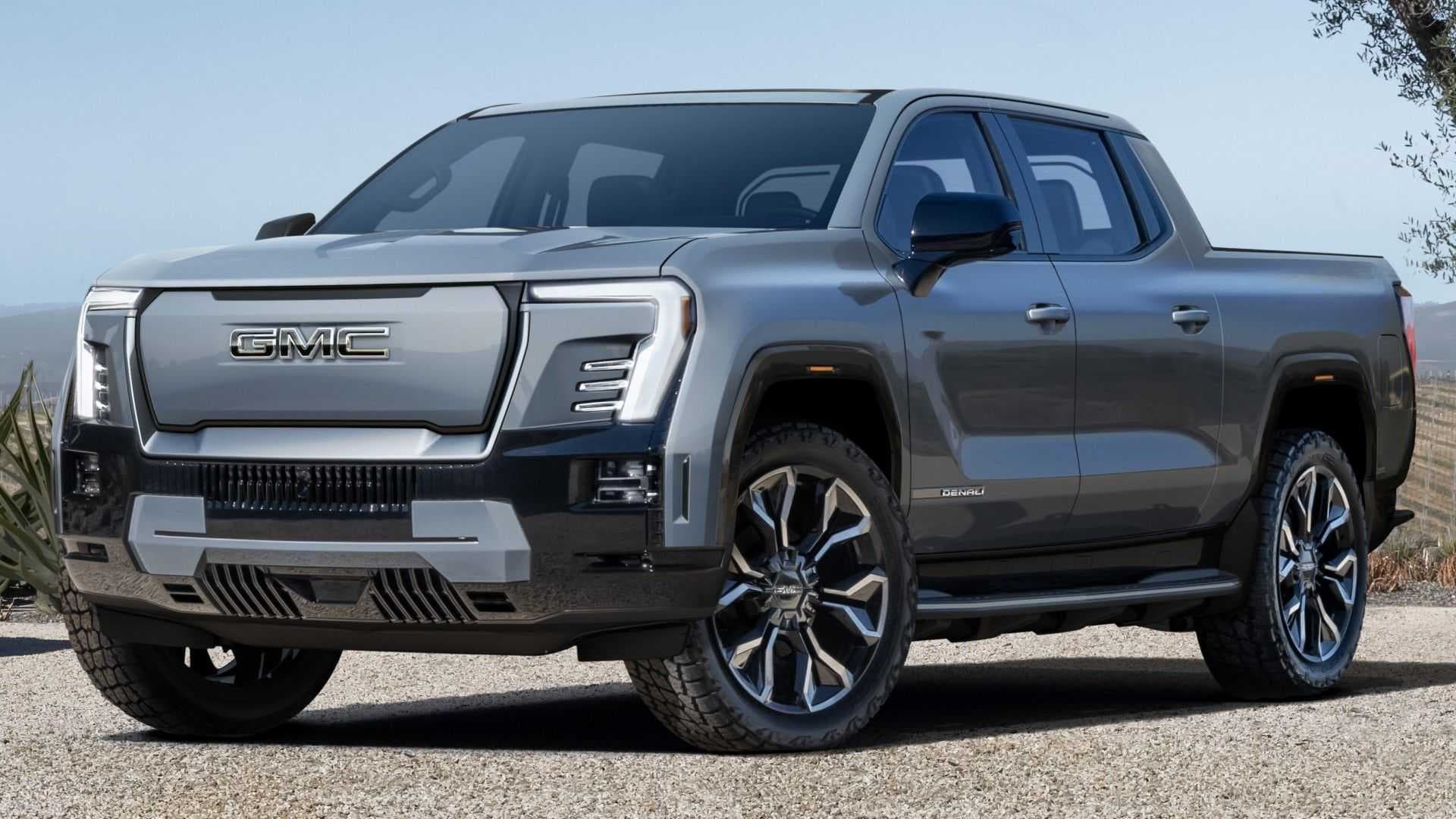2024 GMC Sierra EV Denali Edition 1 exterior front three-quarter view 2024 GMC Sierra EV Denali Edition 1 exterior front three-quarter view